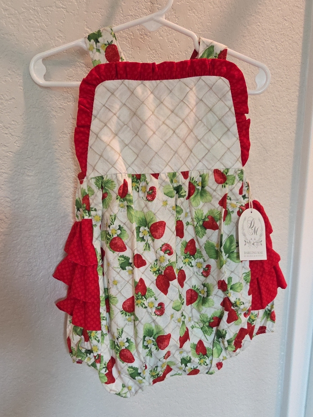 Darling Mae. Red and Green Strawberry Print Diaper Cover Romper
